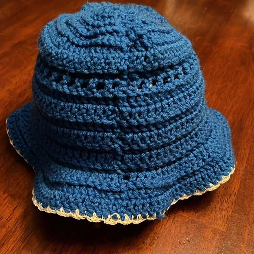 Handmade crochet bucket hat blue with white trim